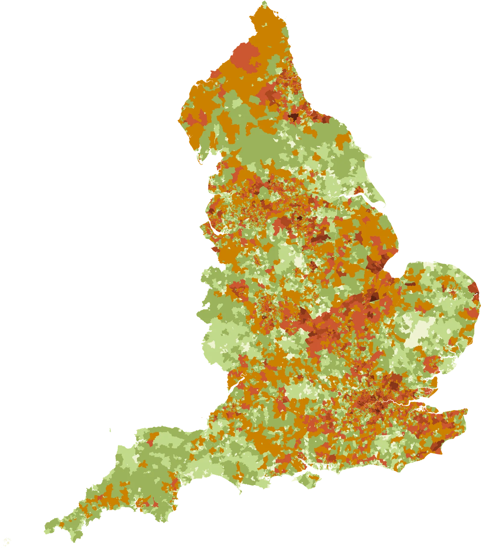 Map of England coloured by recorded fly-tipping per 1,000 residents in 2024/25, neighbourhood by neighbourhood, from pale green for the lowest rates to dark brown for the highest, which cluster in and around the larger cities